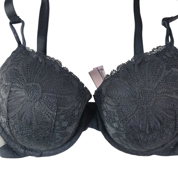 Victoria's Secret Lace Overlay Lined Demi Bra Black 32DD Adj Trim Mesh Underwire - Picture 2 of 11
